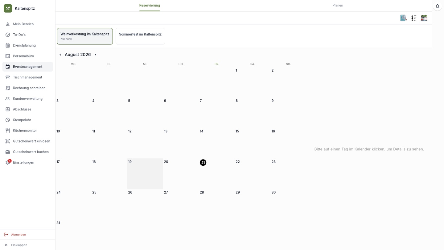 Der Event-Kalender mit Buchungen