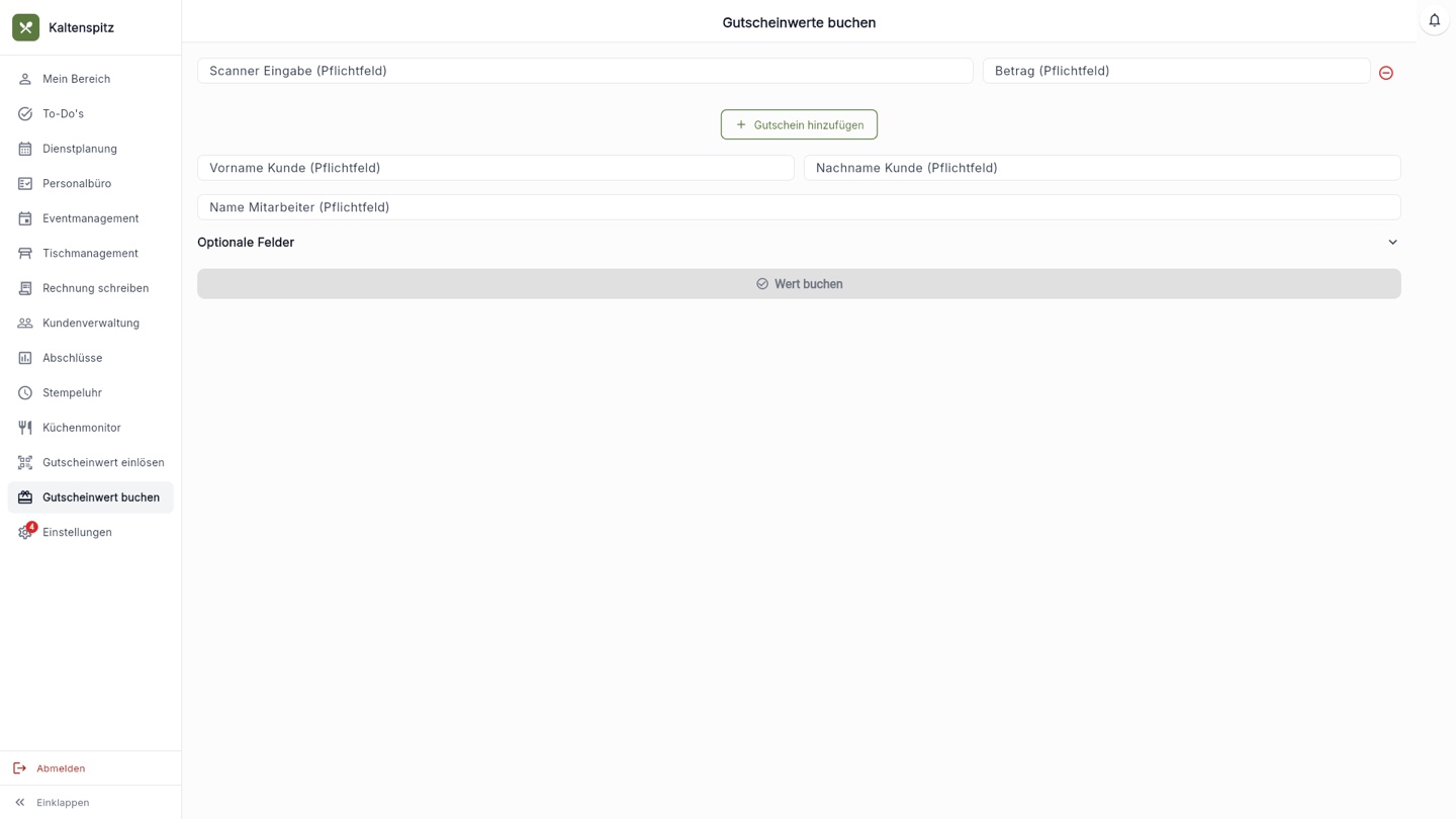 Gastrotool-Backoffice: Gutscheinwert aufbuchen mit Scanner-Eingabe für den Gutschein-Code