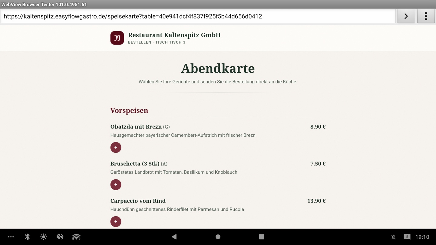 Gäste-Ansicht der digitalen Speisekarte auf dem Handy mit Bestell-Funktion