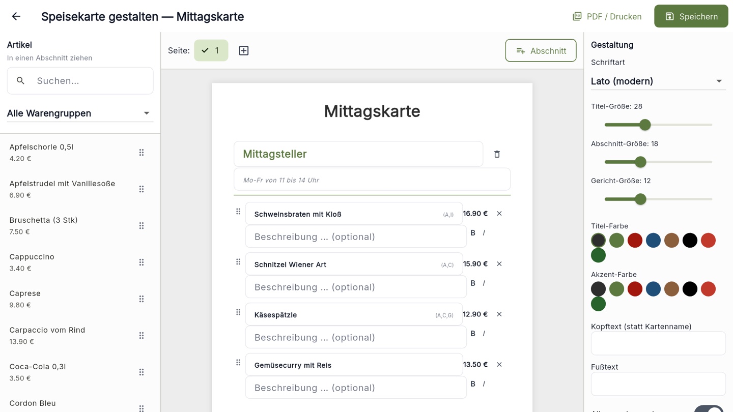 Drag-und-Drop-Kartendesigner in Gastrotool mit Allergen-Kennzeichnung