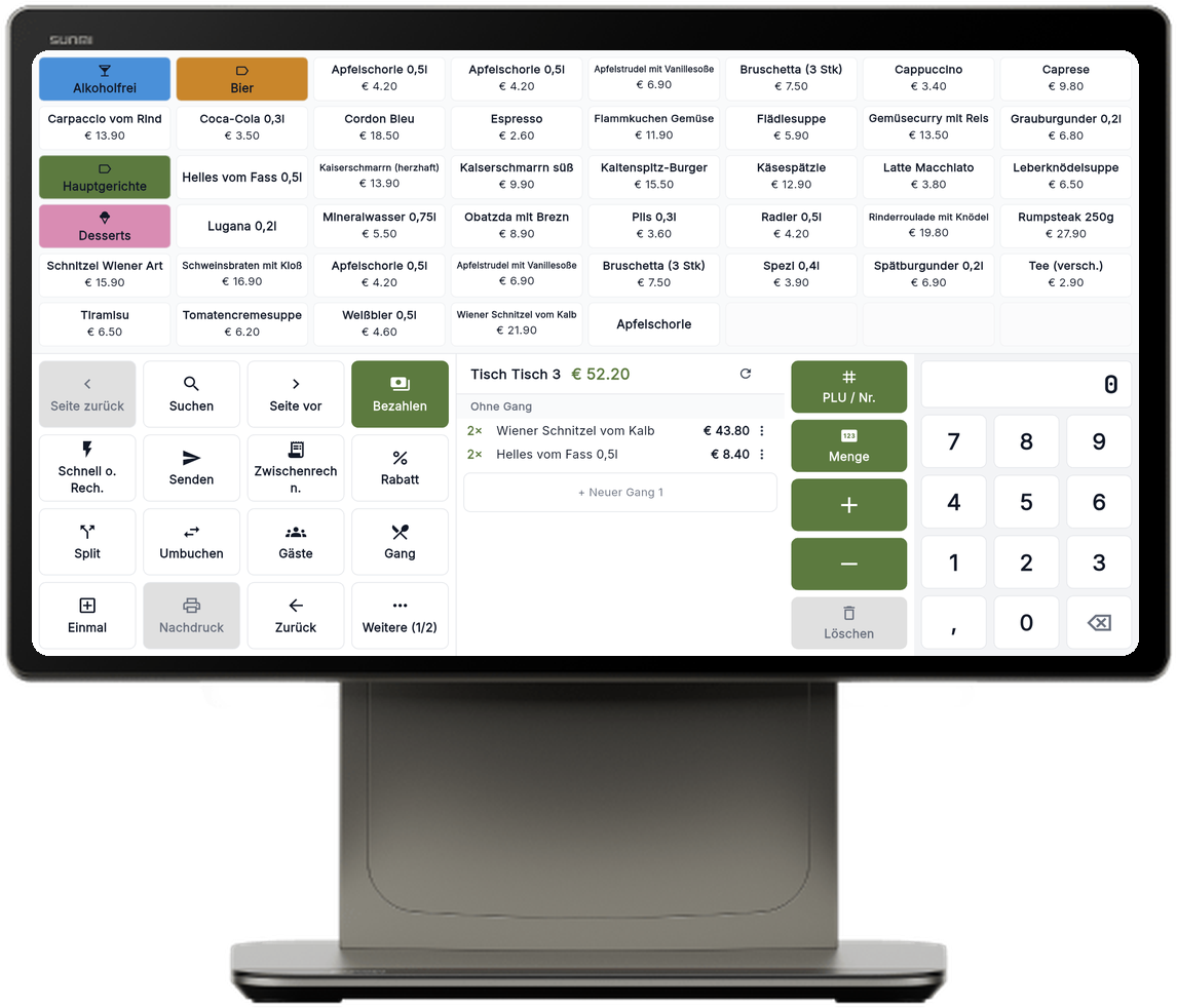 SUNMI D3 Pro Kassenterminal mit der Gastrotool-Kasse auf dem Bildschirm