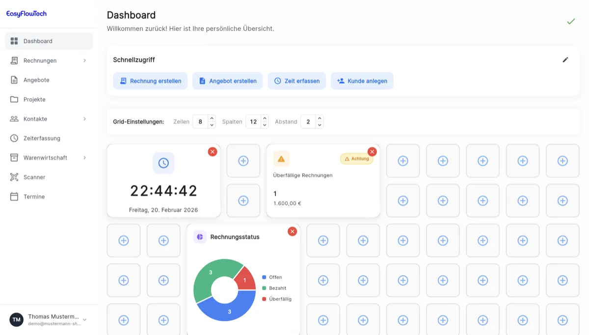 Dashboard der Handwerkersoftware EasyFlowTech