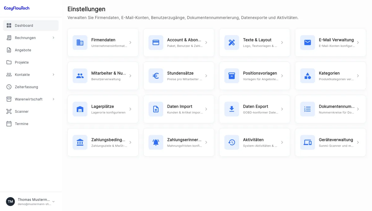 Einstellungen in EasyFlowTech