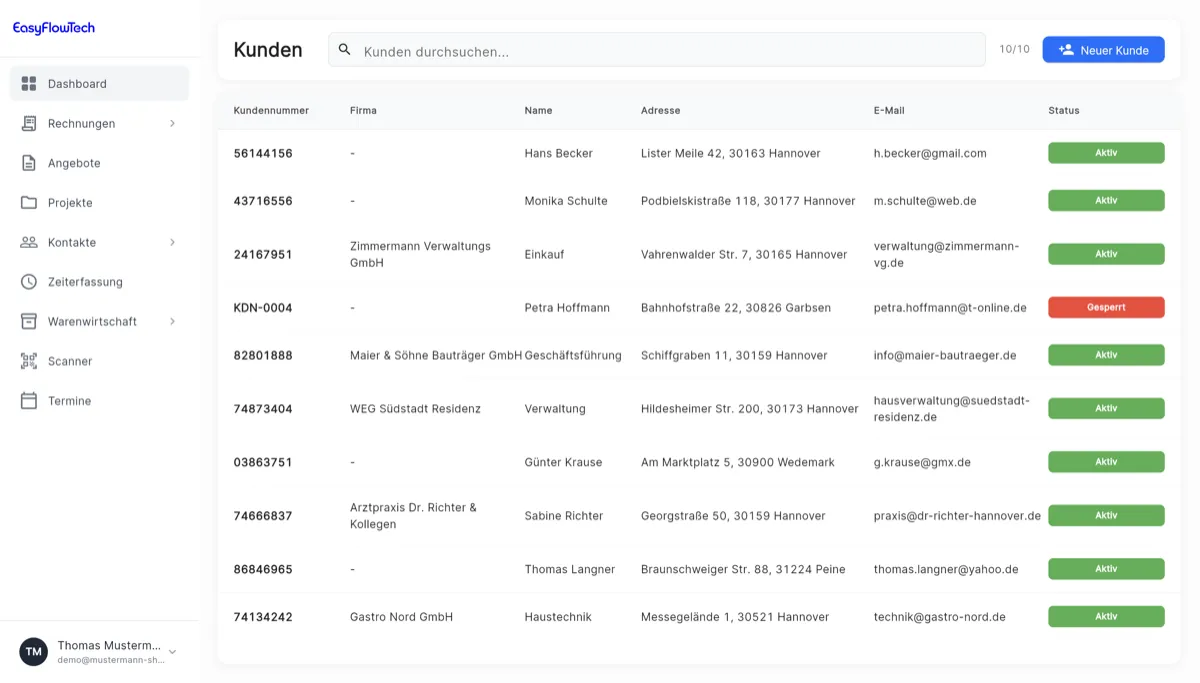 Kundenverwaltung in der Handwerkersoftware EasyFlowTech