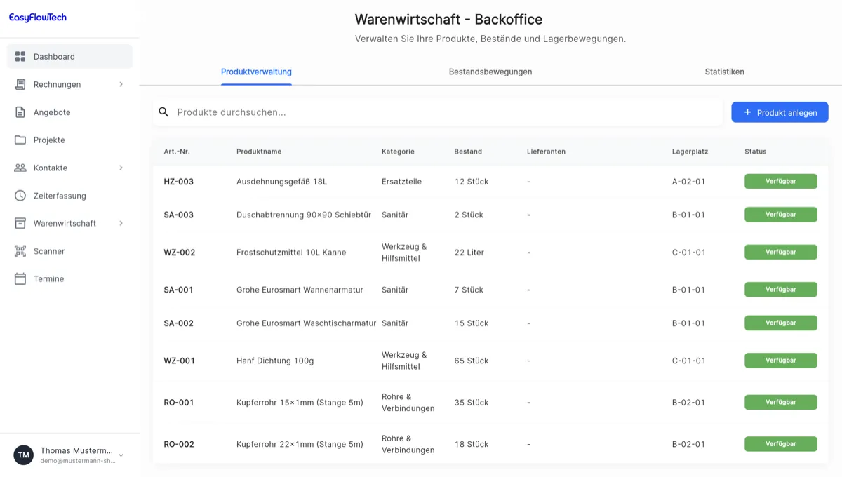 Lagerverwaltung in der Handwerkersoftware EasyFlowTech