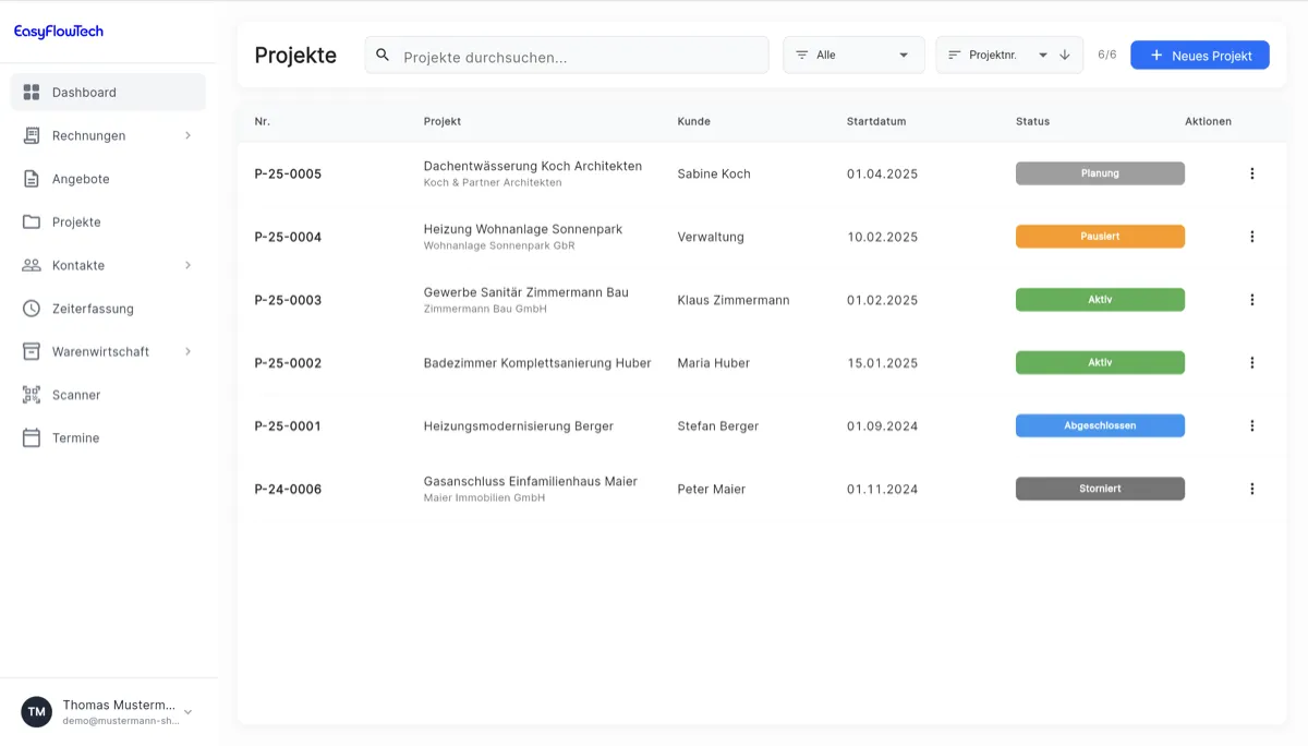 Projektmanagement in der Handwerkersoftware EasyFlowTech