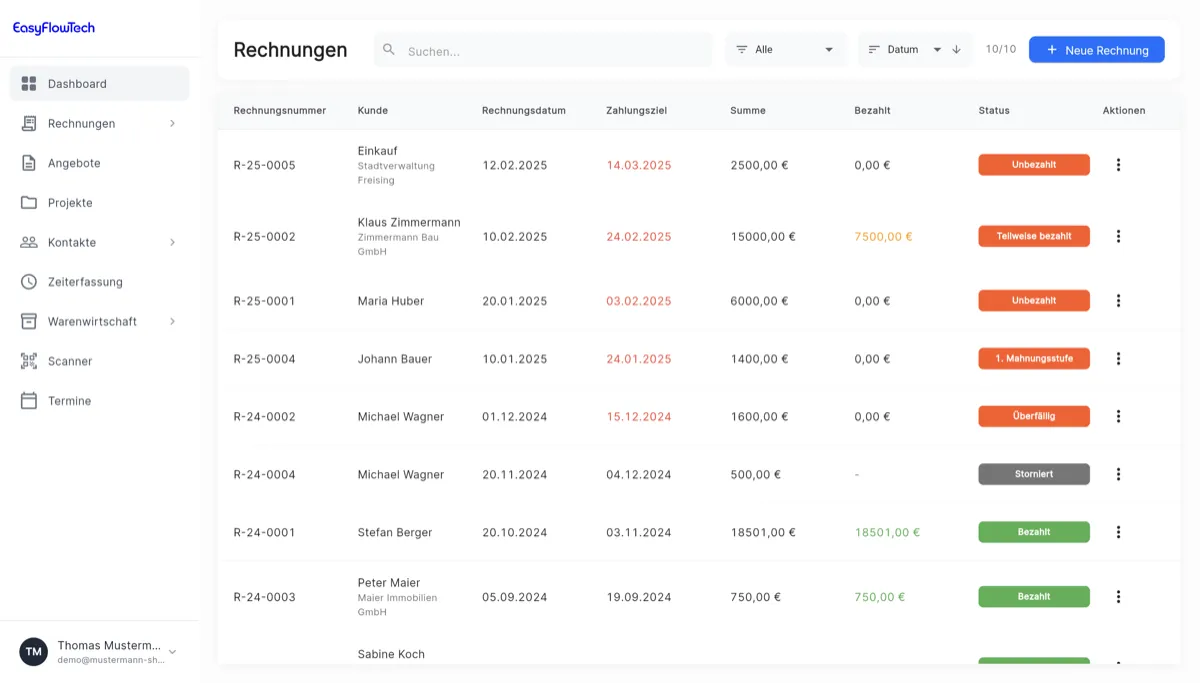 Rechnungen erstellen in der Handwerkersoftware EasyFlowTech